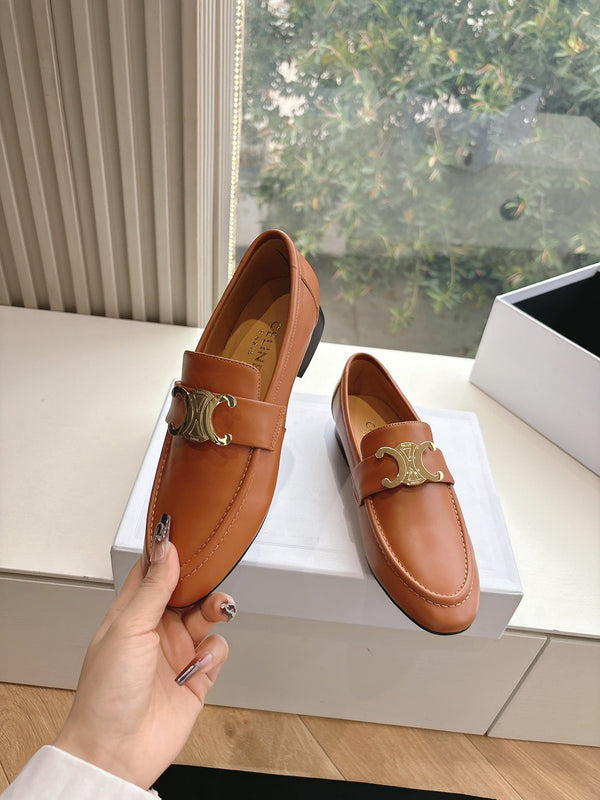 CELINE Buckle Triomphe Loafers Golden Leather