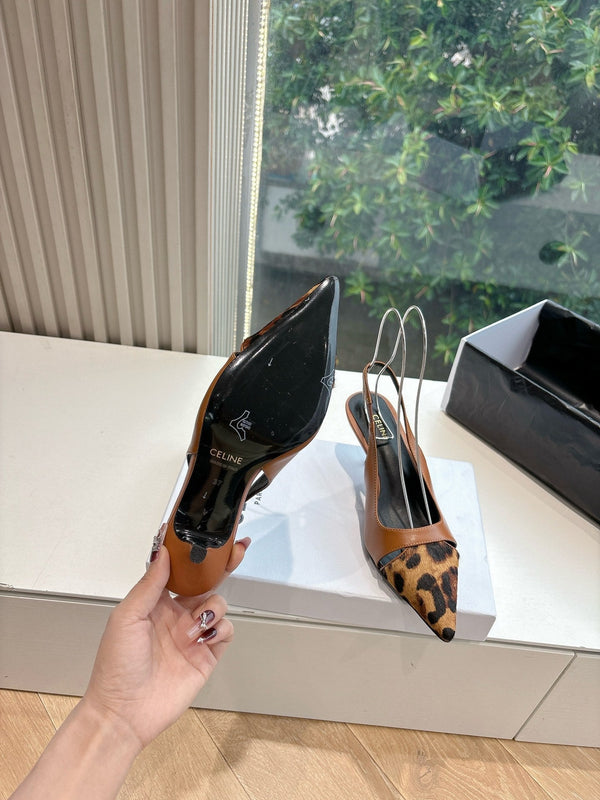 CELINE Slingback Leopard Brown Leather 285984