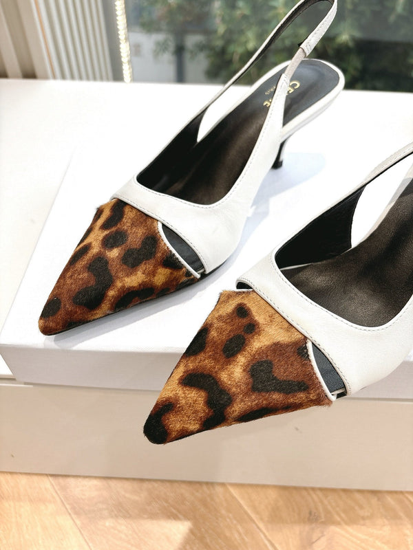 CELINE Slingback Leopard White Leather 285985