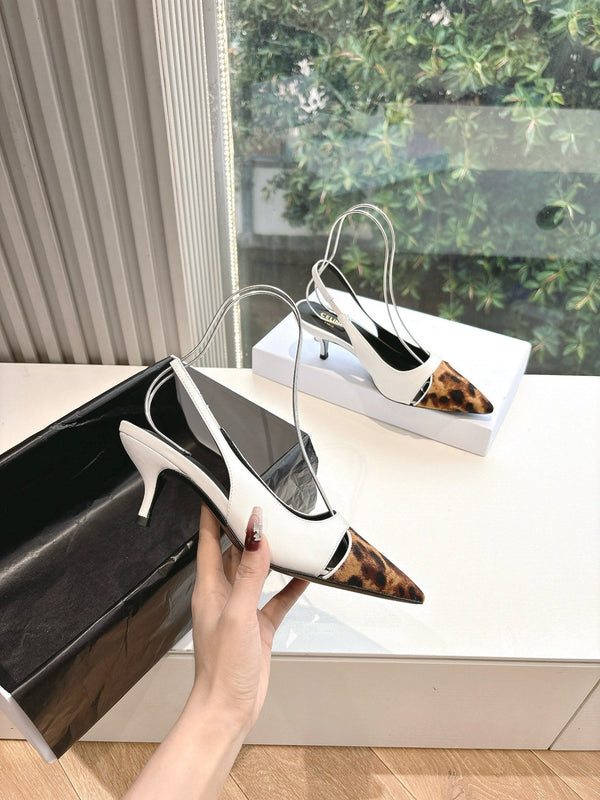 CELINE Slingback Leopard White Leather 285985