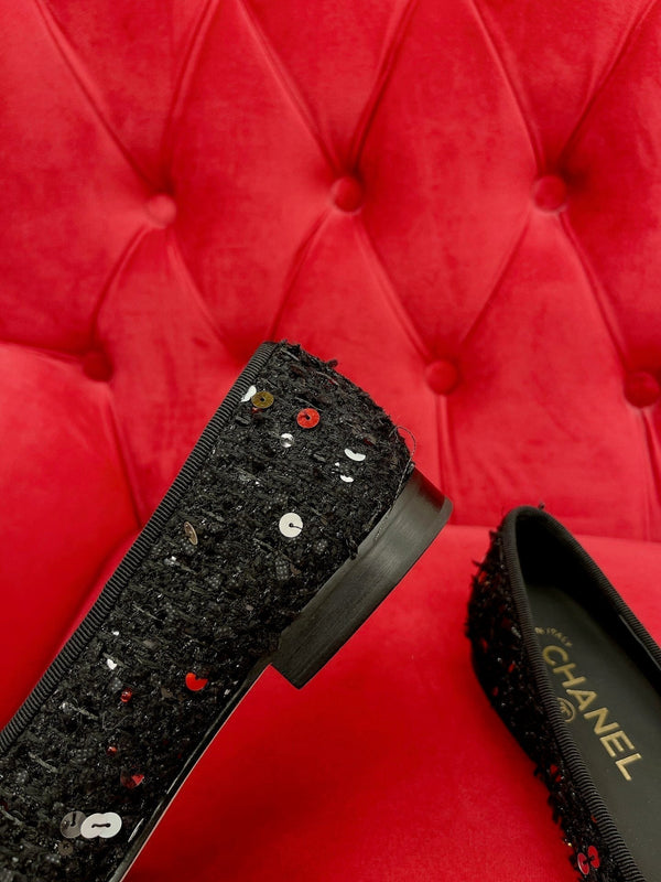 ballet flat black gold tweed metal calfskin