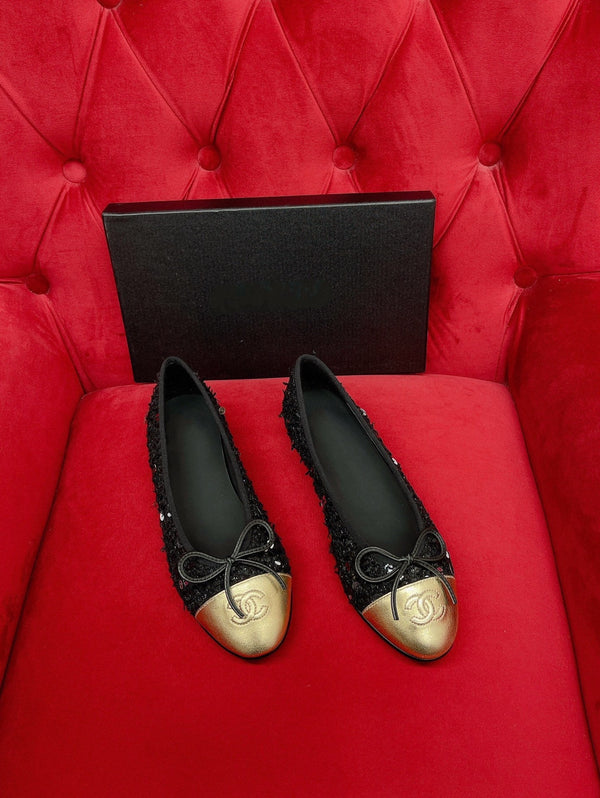 ballet flat black gold tweed metal calfskin