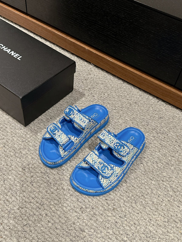 dad sandal mule beige raffia blue calfskin