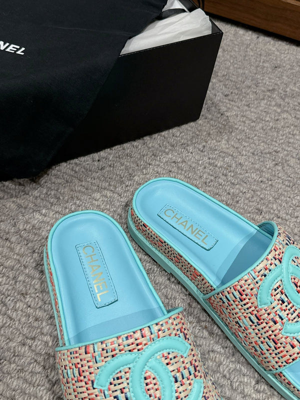 dad sandal mule cream raffia tiffany blue calfskin