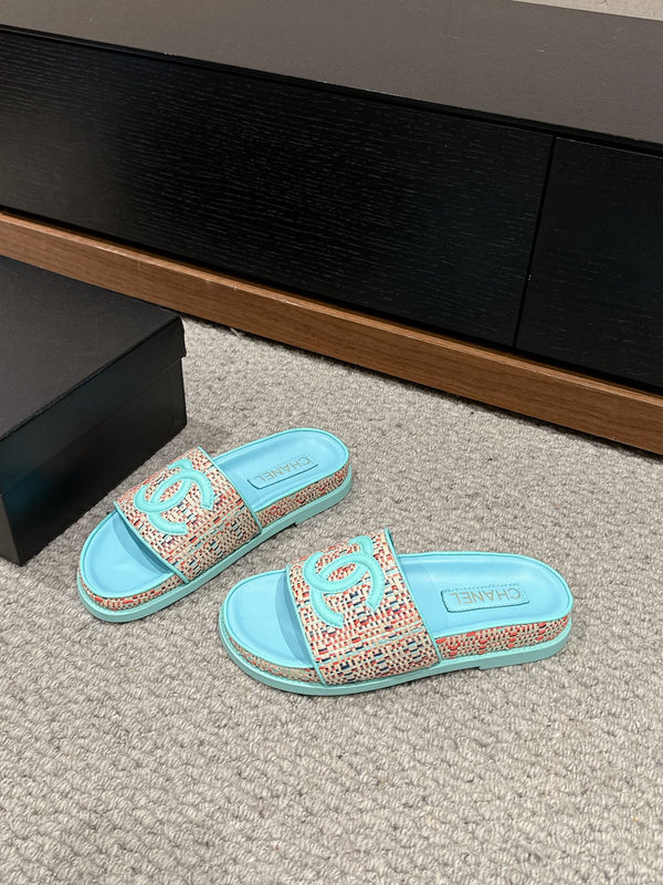 dad sandal mule cream raffia tiffany blue calfskin