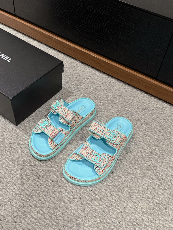 dad sandal mule cream raffia tiffany blue calfskin