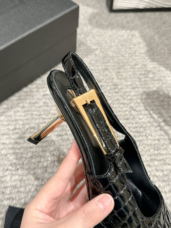 DÉCOLLETÉ LEE SLINGBACK MID IN PELLE DI VITELLO LUCIDA COLOR COCCODRILLO NERA