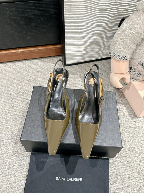 LEE SLINGBACK MID PUMPS IN ARMY GREEN SHINY CALFSKIN