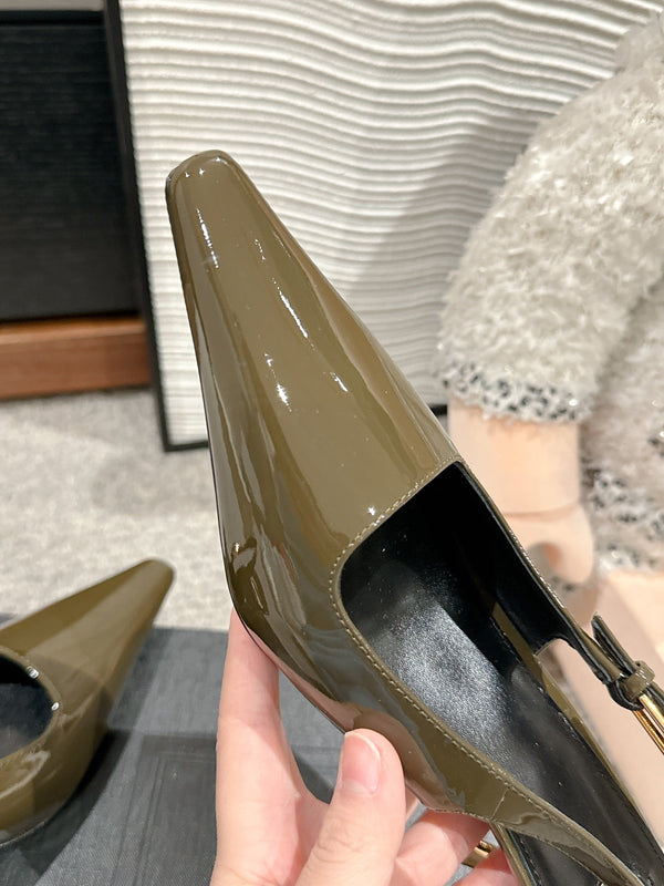LEE SLINGBACK MID PUMPS IN ARMY GREEN SHINY CALFSKIN