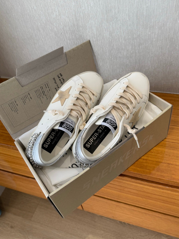 BALL STAR SNEAKERS WITH CRYSTAL TASSEL BEIGE SUEDE STAR WHITE CALFSKIN UPPER