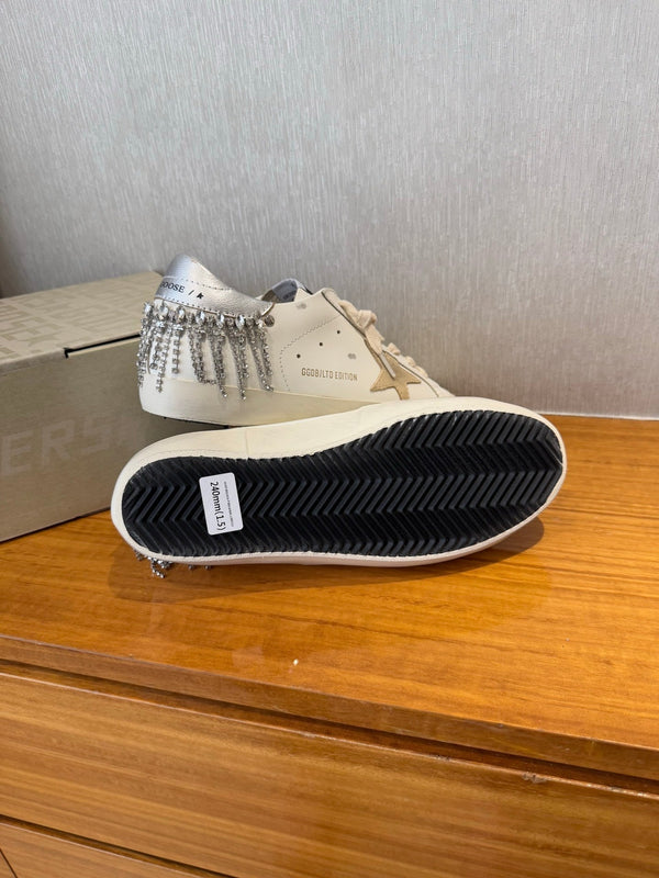 BALL STAR SNEAKERS WITH CRYSTAL TASSEL BEIGE SUEDE STAR WHITE CALFSKIN UPPER