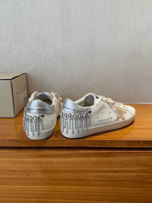 BALL STAR SNEAKERS WITH CRYSTAL TASSEL BEIGE SUEDE STAR WHITE CALFSKIN UPPER