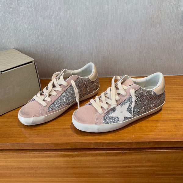 BALL STAR SNEAKERS WHITE CALFSKIN STAR PINK SUEDE SILVER GLITTER UPPER