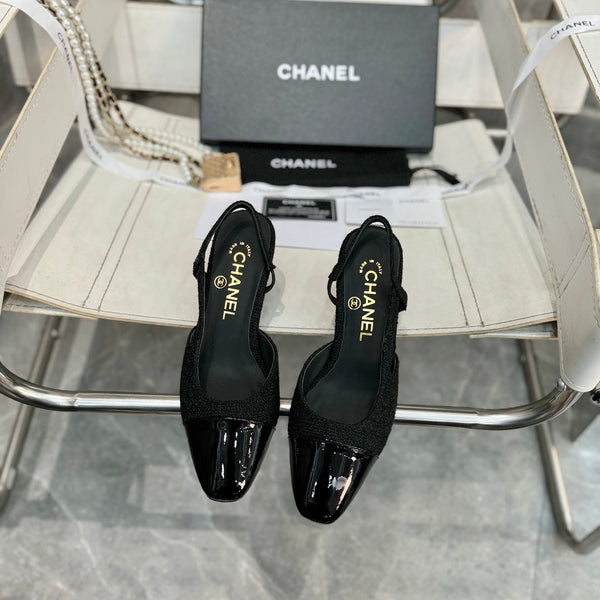 slingback piatte in tweed nero, pelle di vitello verniciata nera