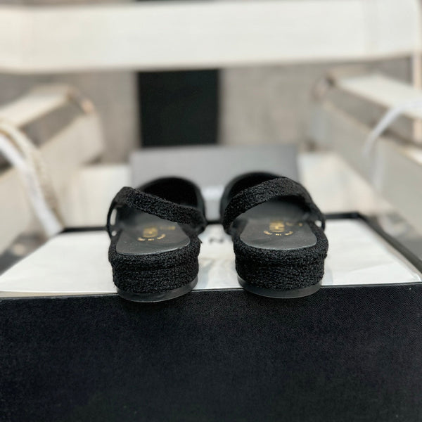 slingback piatte in tweed nero, pelle di vitello verniciata nera