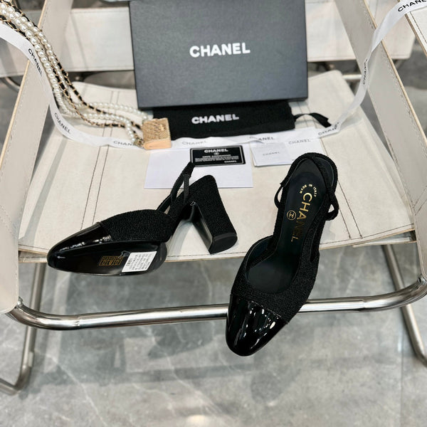 slingback 95 in tweed nero e pelle di vitello verniciata nera