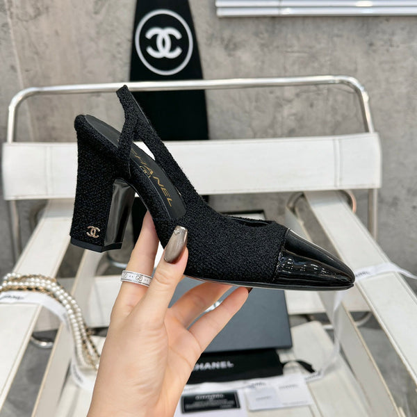 slingback 95 in tweed nero e pelle di vitello verniciata nera