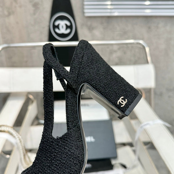 slingback 95 in tweed nero e pelle di vitello verniciata nera