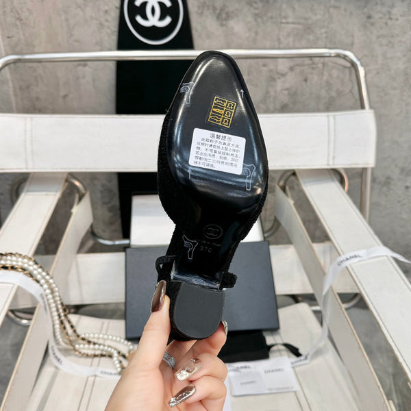 slingback 95 in tweed nero e pelle di vitello verniciata nera