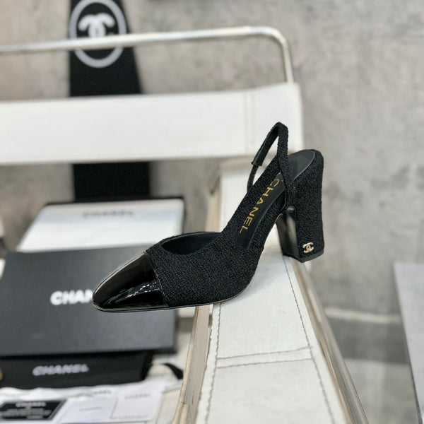 slingback 95 in tweed nero e pelle di vitello verniciata nera