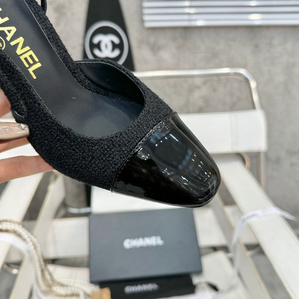 slingback 95 in tweed nero e pelle di vitello verniciata nera