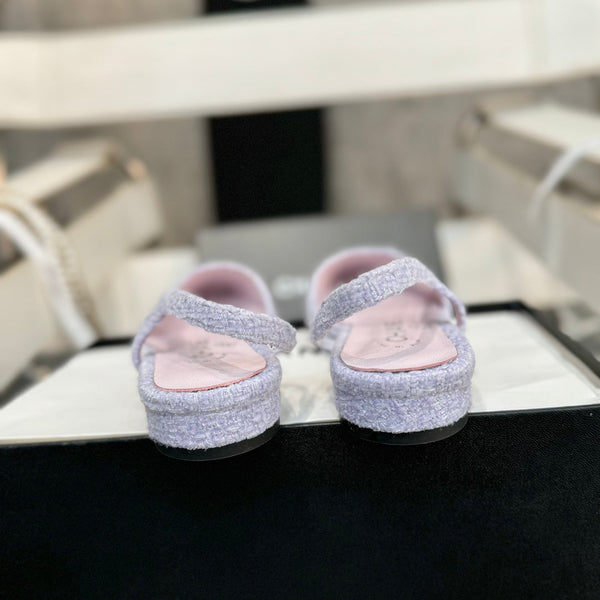 slingback piatte in tweed viola chiaro in pelle di vitello verniciata nera