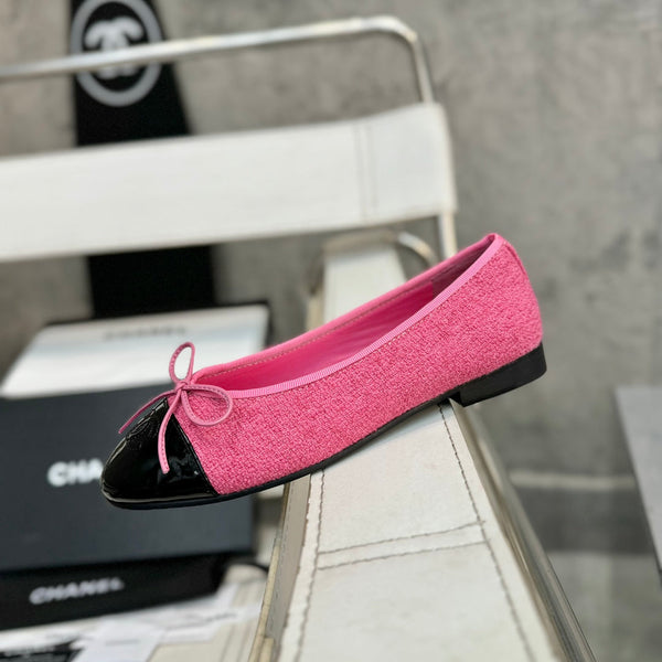 ballet flat pink tweed black patent calfskin