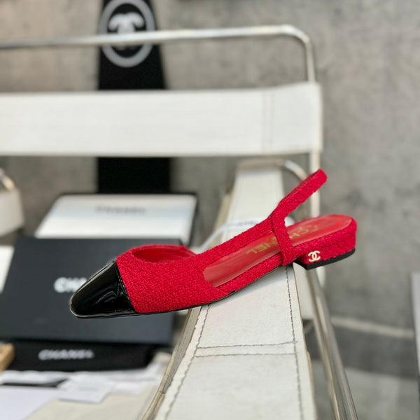 slingback piatte in tweed rosso e pelle di vitello verniciata nera