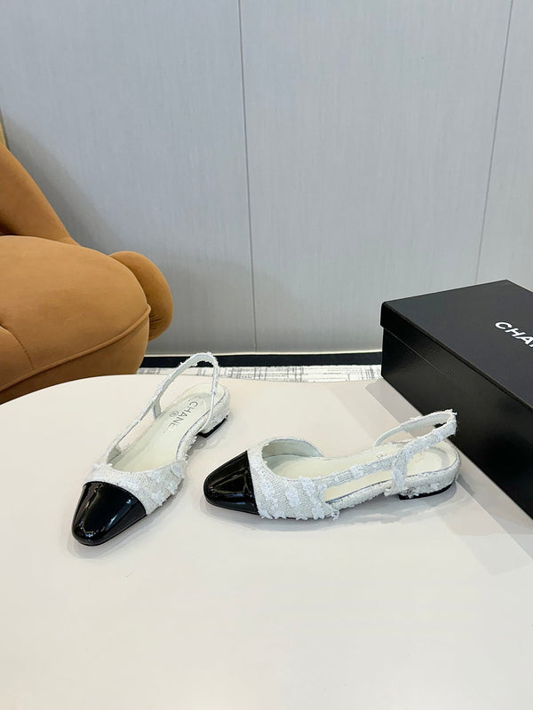 cc 25c slingback flat white tweed black grosgrain 233609