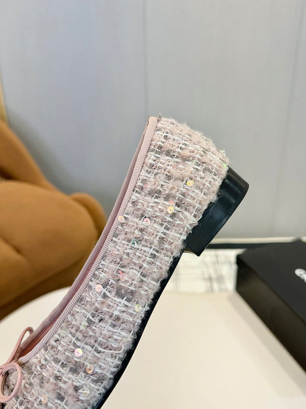 cc 25c ballet flat pink white tweed black grosgrain 233622