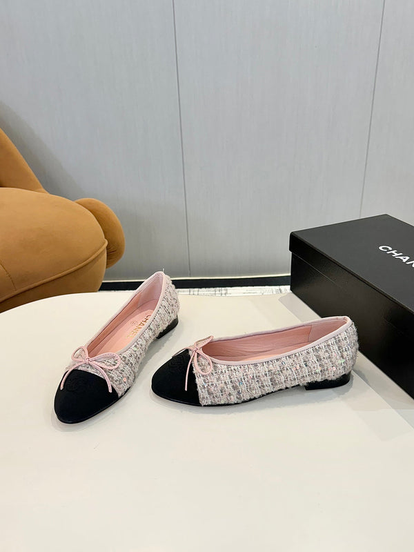 cc 25c ballet flat pink white tweed black grosgrain 233622