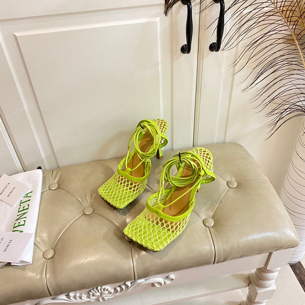 BV 26s Stretch Lace-Up Sandal 9cm Neon Green Metallized Mesh Leather