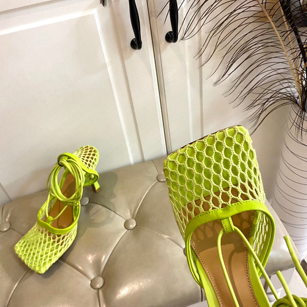 BV 26s Stretch Lace-Up Sandal 9cm Neon Green Metallized Mesh Leather