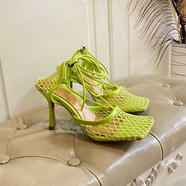 BV 26s Stretch Lace-Up Sandal 9cm Neon Green Metallized Mesh Leather