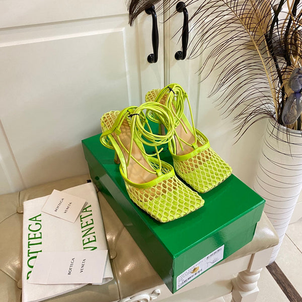 BV 26s Stretch Lace-Up Sandal 9cm Neon Green Metallized Mesh Leather
