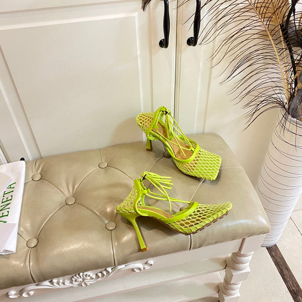 BV 26s Stretch Lace-Up Sandal 9cm Neon Green Metallized Mesh Leather