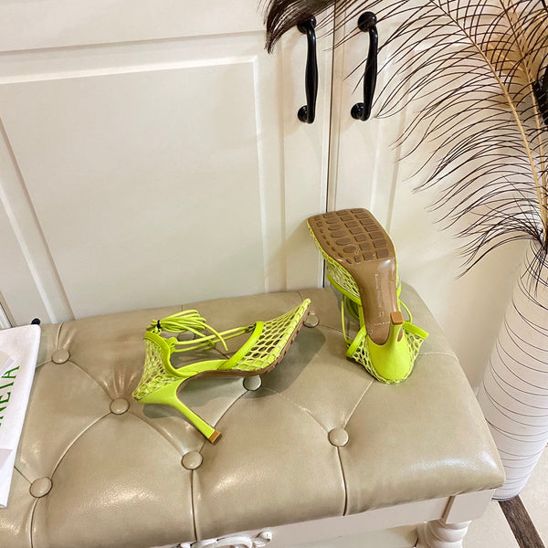 BV 26s Stretch Lace-Up Sandal 9cm Neon Green Metallized Mesh Leather