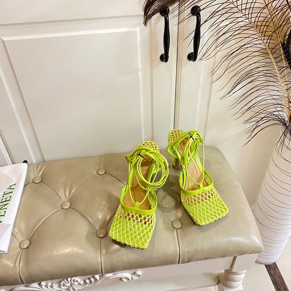 BV 26s Stretch Lace-Up Sandal 9cm Neon Green Metallized Mesh Leather