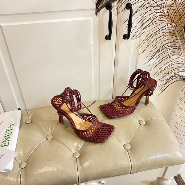 BV 26s Stretch Lace-Up Sandal 9cm Burgundy Metallized Mesh Leather