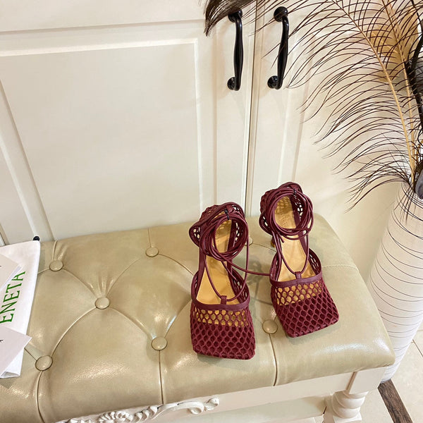 BV 26s Stretch Lace-Up Sandal 9cm Burgundy Metallized Mesh Leather