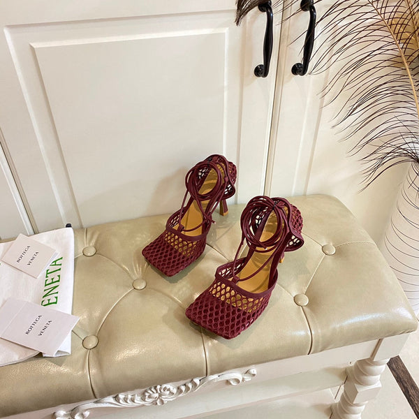 BV 26s Stretch Lace-Up Sandal 9cm Burgundy Metallized Mesh Leather