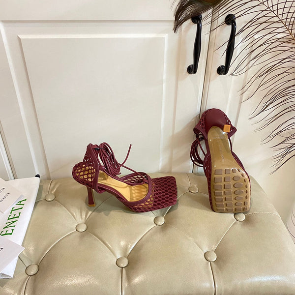 BV 26s Stretch Lace-Up Sandal 9cm Burgundy Metallized Mesh Leather
