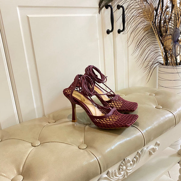 BV 26s Stretch Lace-Up Sandal 9cm Burgundy Metallized Mesh Leather