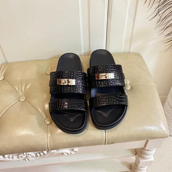 HM Jackson Sandal Black Embossed Pattern Cowhide 958028