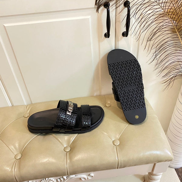 HM Jackson Sandal Black Embossed Pattern Cowhide 958028