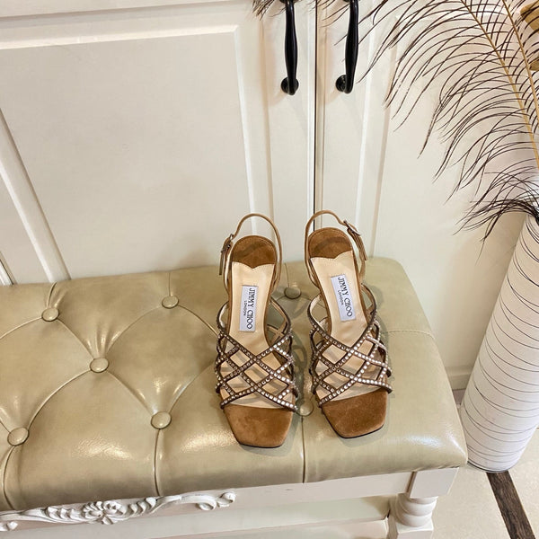 Jimmy Choo Saila Sandals 9cm Brown Sheepskin Suede 688232