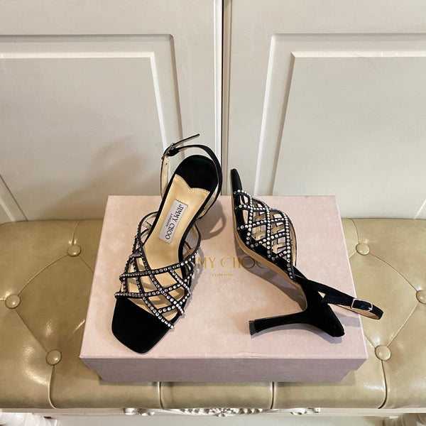 Jimmy Choo Saila Sandals 9cm Black Sheepskin Suede 688233