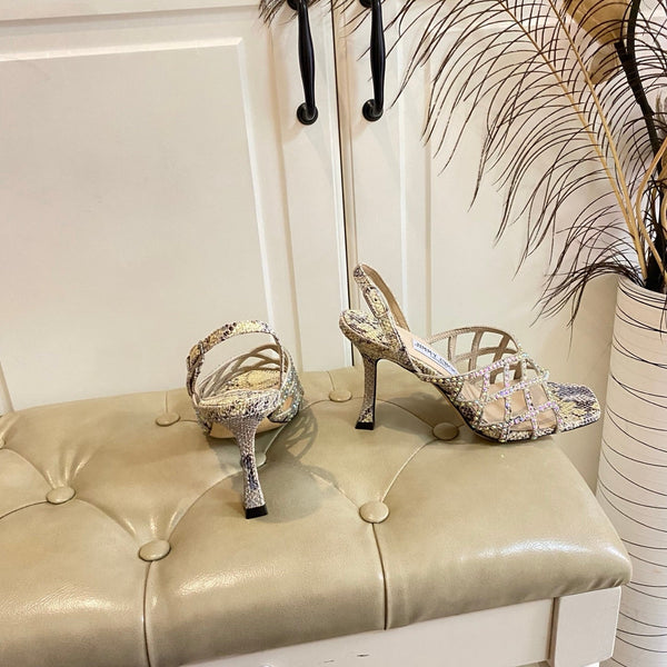 Jimmy Choo Saila Sandals 9cm Beige Sheepskin/Snake-Print Leather 688239
