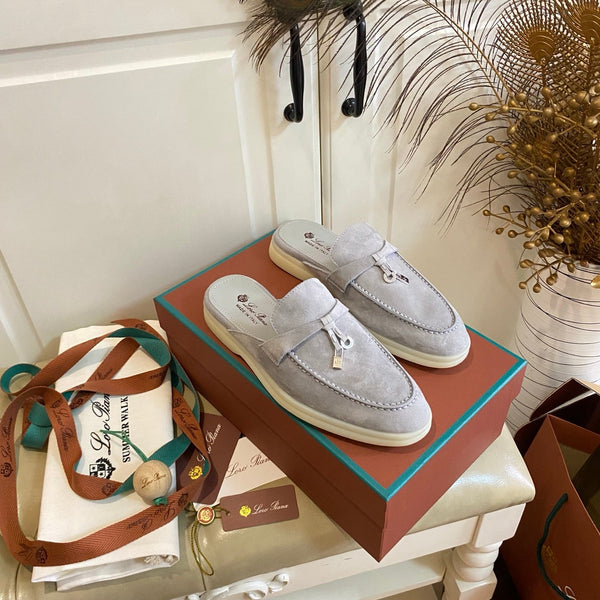 LP 26s Lock Charm Mules In Light Grey Suede