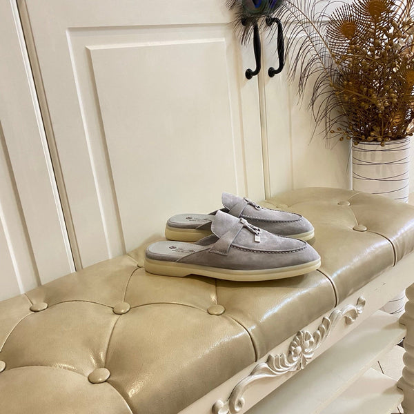 LP 26s Lock Charm Mules In Light Grey Suede